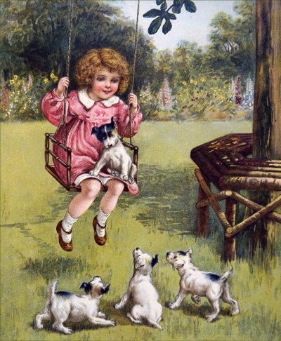 Une jeune fille avec ses chiots - Unknown